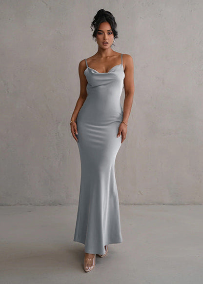 Satin Cowl Neck Spaghetti Strap Trumpet Hem Bodycon Maxi Gown