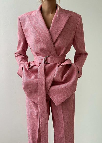 Rosé Herringbone Blazer and Corset Jumpsuit Set – Modern Two-Piece Suit for Women