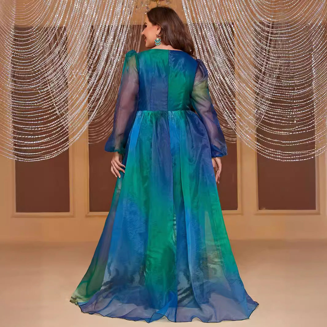 Plus Size Long Sleeve Dress V Neck Peacock Blue Tight Waist Split Elegant Dress