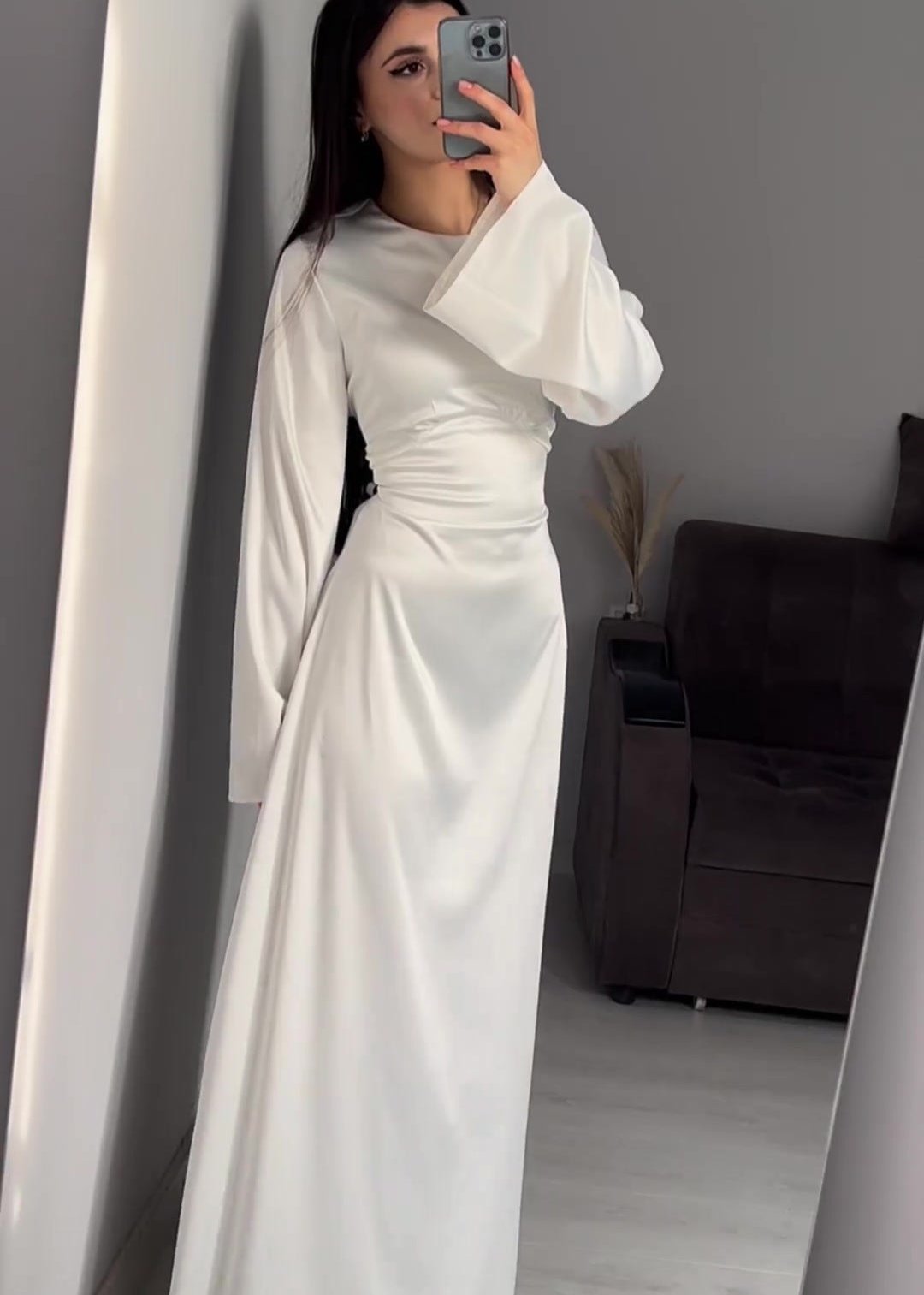 Crew Neck Bell Sleeve Satin Column Floor Length Maxi Gown