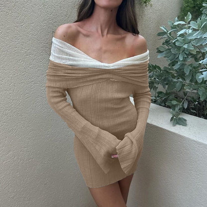 French Off The Shoulder Color Matching Knitted Long Sleeved Dress