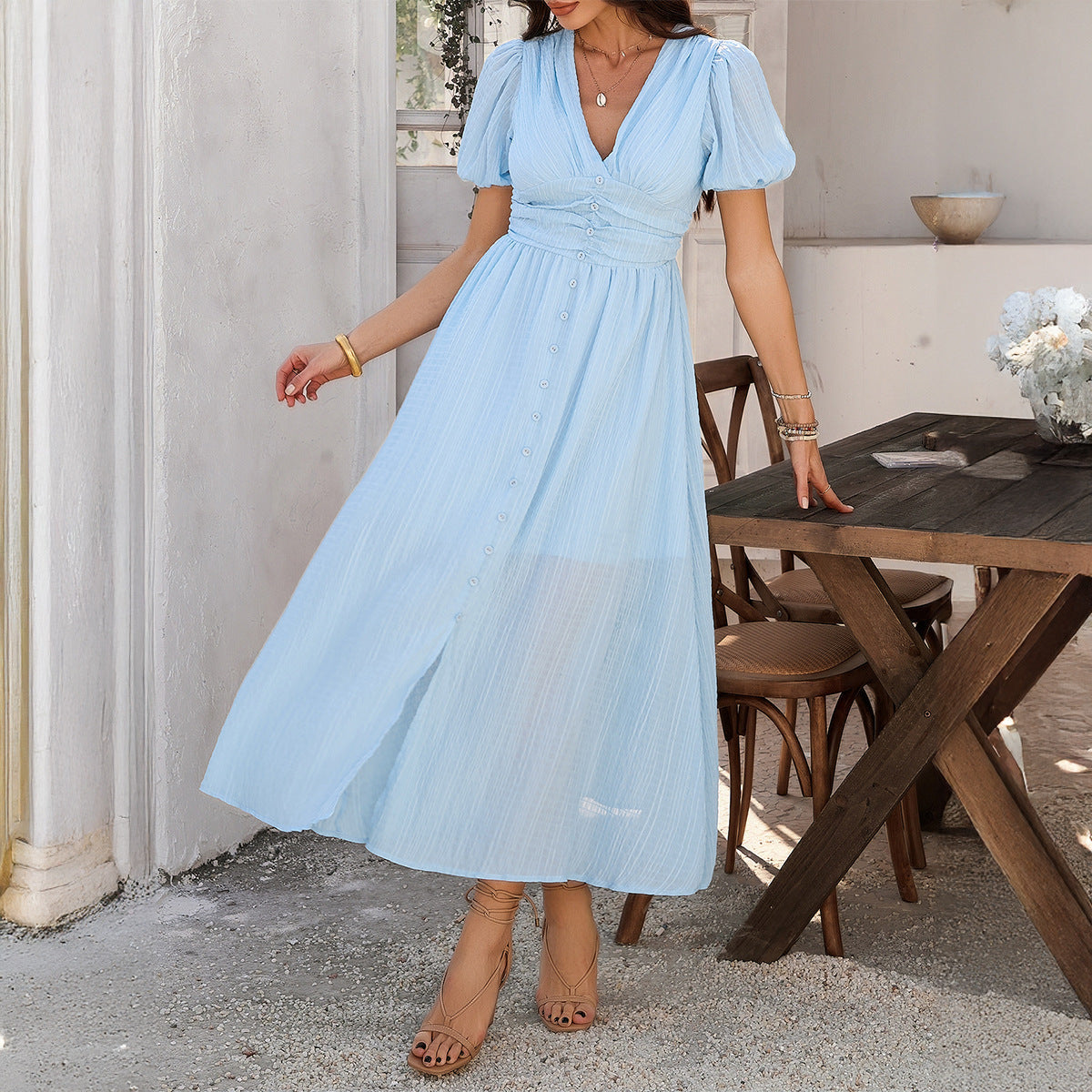 Crinkle Texture V-Neck Puff Sleeve Ruched Button Front High Slit Maxi Dress
