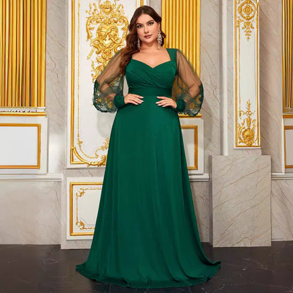 Plus Size Prom Evening Dress Diamond Collar Embroidered Mesh Long Sleeve Backless Fall Dress