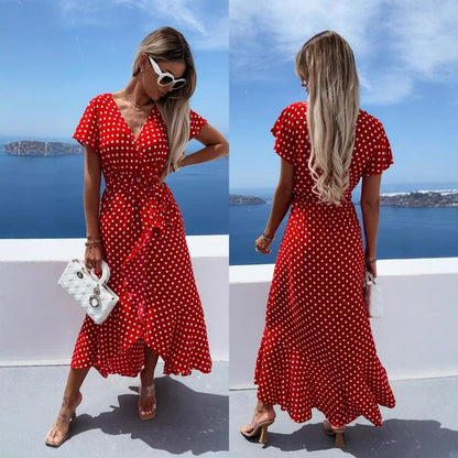 Polka Dot Print Surplice V-Neck Flutter Sleeve Asymmetrical Ruffle Hem Wrap Midi Dress
