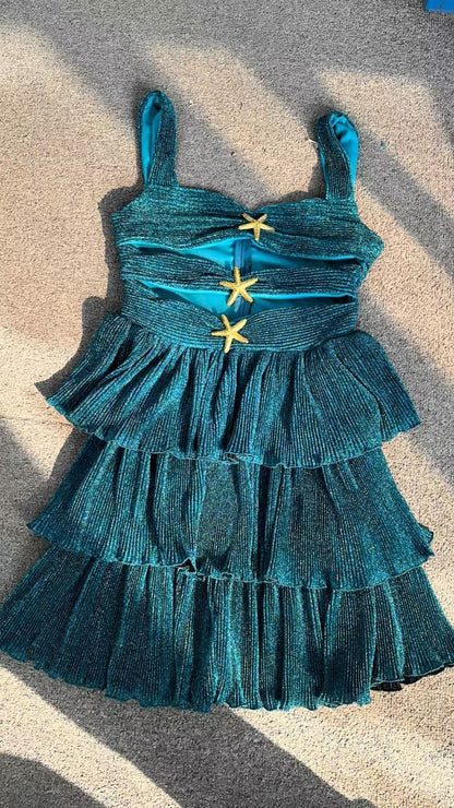 Little Mermaid Glitter Fabric Metal Starfish Hollow Layered Stretch One-piece Swimsuit