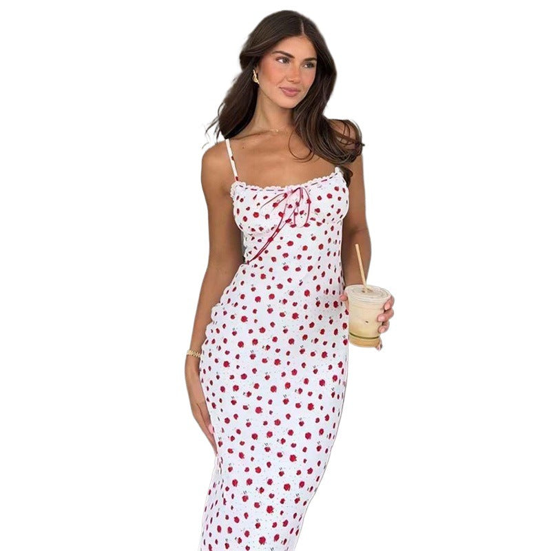 Ditsy Floral Print Spaghetti Strap Sweetheart Ruffle Trim Slip Maxi Dress