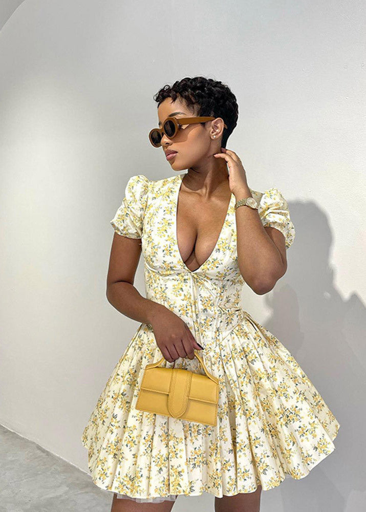 Deep V Neck Puff Sleeve Ditsy Floral Print Skater Mini Dress