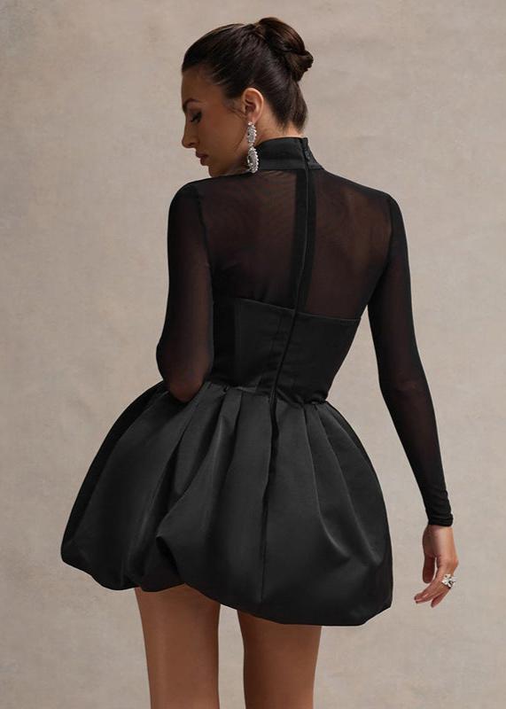 Mock Neck Sheer Sleeve Sweetheart Bubble Hem Mini Dress
