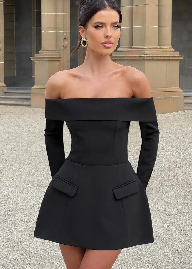 Off Shoulder Foldover Collar Long Sleeve Pocket Flap Structured Fit and Flare Mini Dress