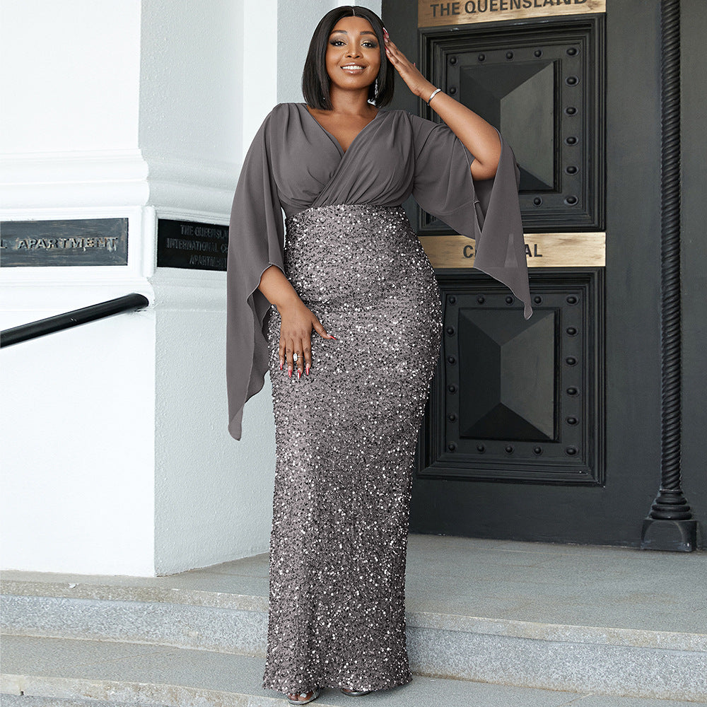 plus Size Long Sequined V neck Long Sleeve Cocktail Evening Dress Bridesmaid Dress
