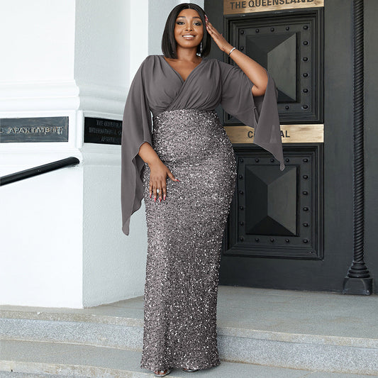plus Size Long Sequined V neck Long Sleeve Cocktail Evening Dress Bridesmaid Dress