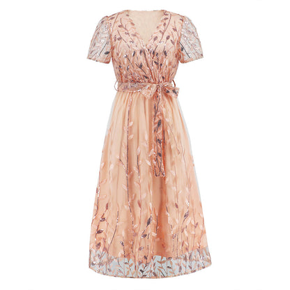Embroidered Bright Yarn Mesh DressSlim Fit V neck Mid Length Dress