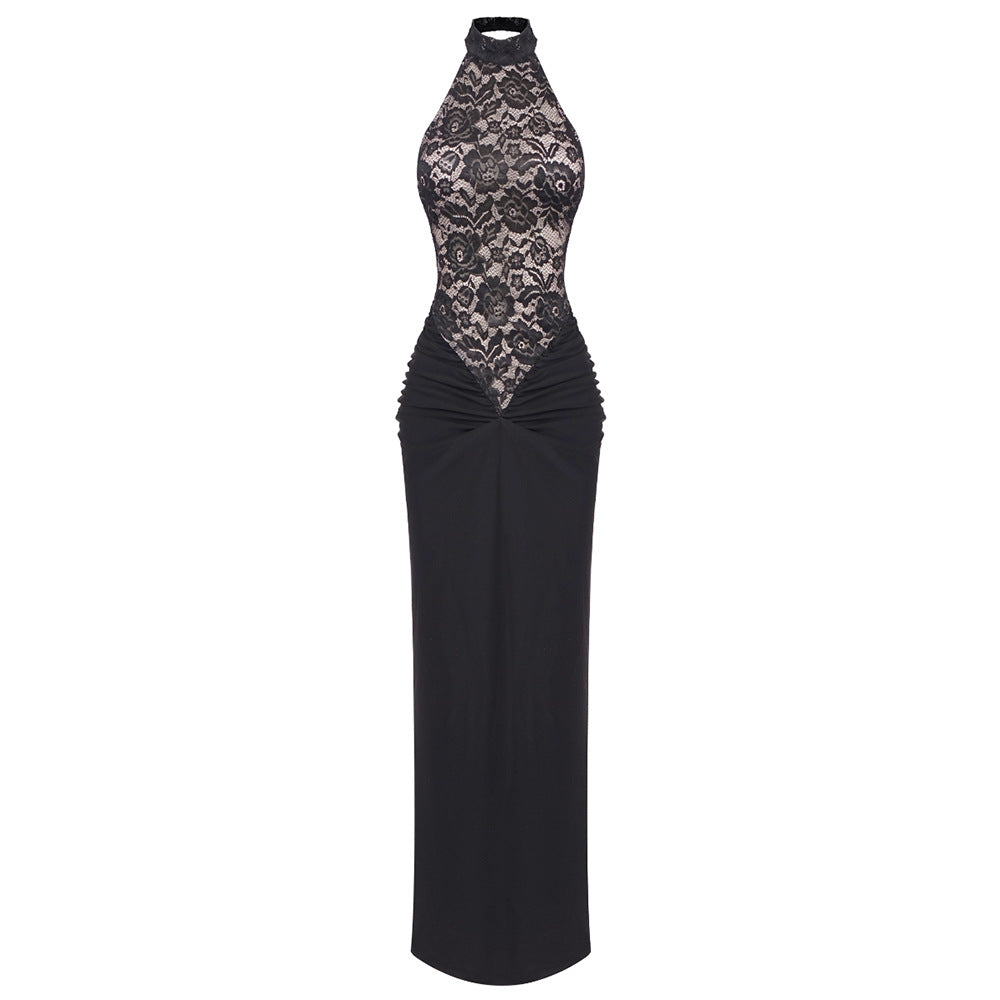 Floral Lace Halter High Neck Cutout Panel Ruched Column Maxi Dress