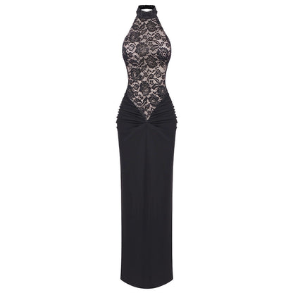 Floral Lace Halter High Neck Cutout Panel Ruched Column Maxi Dress