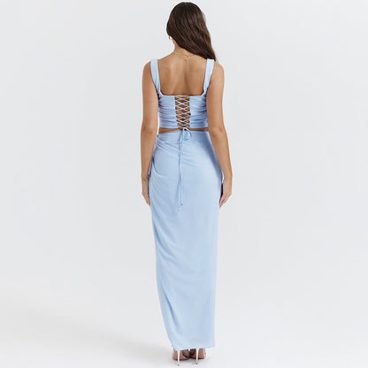 Chiffon Printed Spaghetti Straps Cropped Top Skirt Split Dress Two Piece Sets