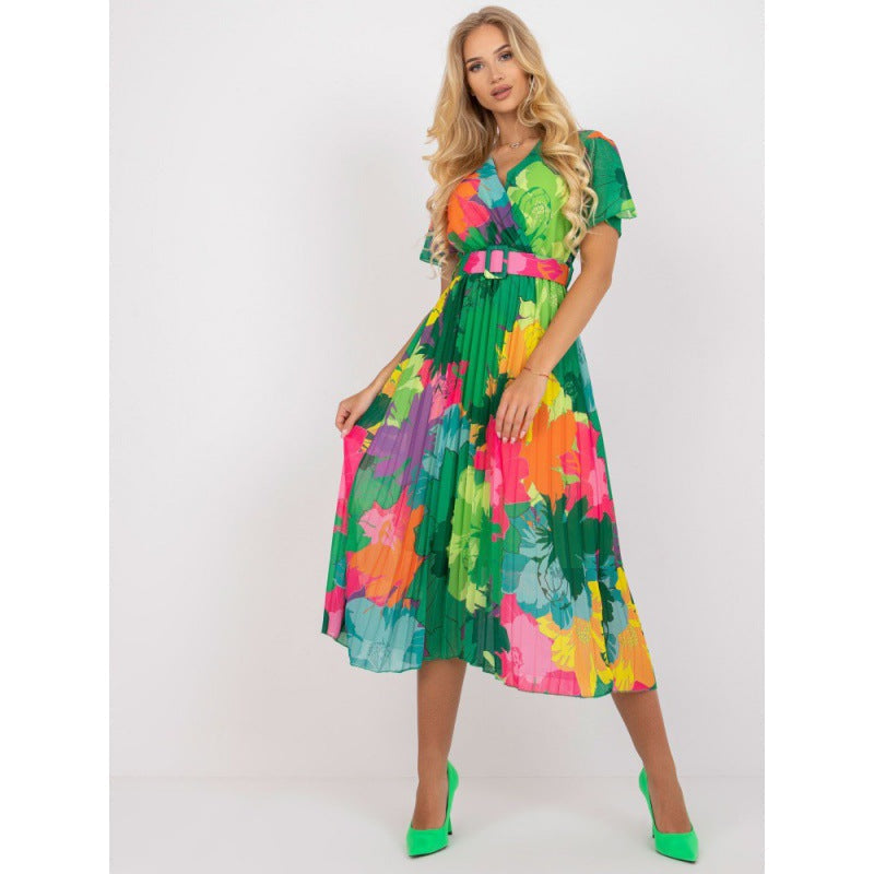 Tropical Floral Print Wrap V-Neck Flutter Sleeve Accordion Pleated Midi Dress