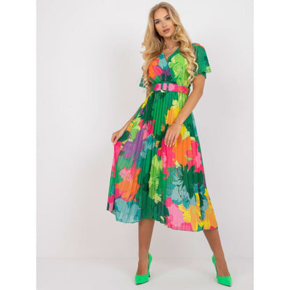 Tropical Floral Print Wrap V-Neck Flutter Sleeve Accordion Pleated Midi Dress