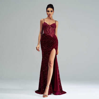 High End Spaghetti Straps Sleeveless Cocktail Sequined Hip High Fork Evening Dress Bridesmaid