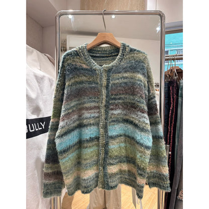 Oversized Fuzzy Striped Button-Up Cardigan