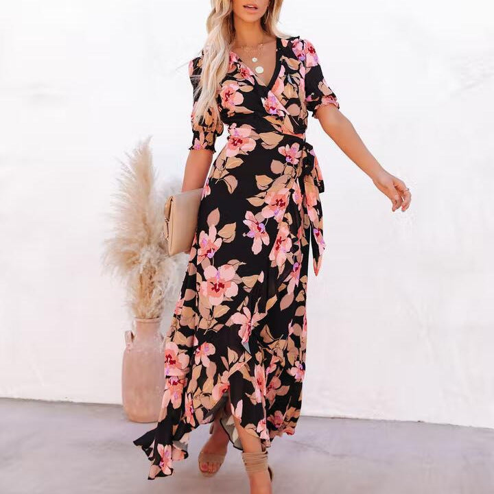 Floral Print Wrap V-Neck Puff Sleeve Ruffle Trim High-Low Maxi Dress