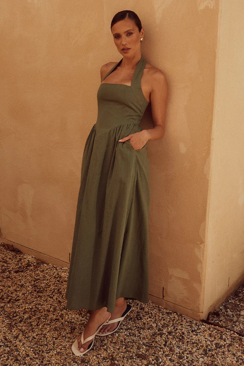Halter Neck Basque Waist Corset Seam Wide Strap A-Line Midi Dress