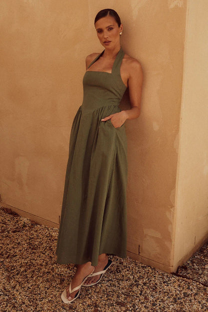Halter Neck Basque Waist Corset Seam Wide Strap A-Line Midi Dress