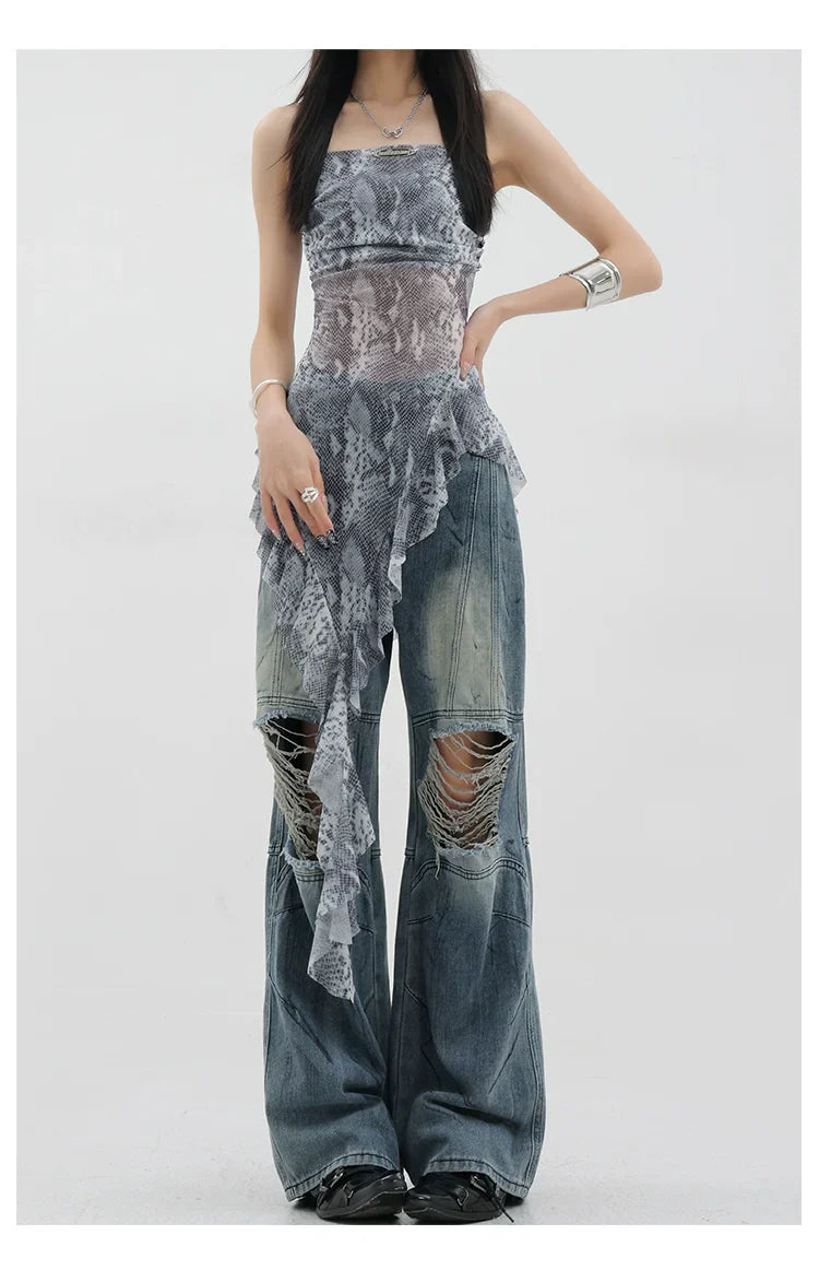 Vintage Distressed And Dirt-Dyed Patchwork Wide-Leg Jeans