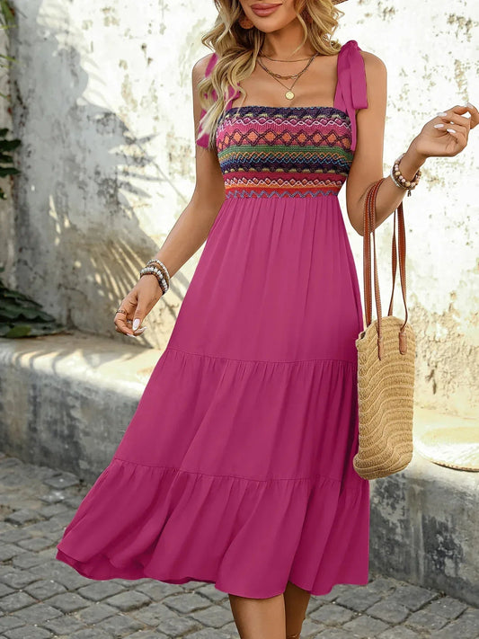 Magenta Embroidered Midi  Summer Boho Dress