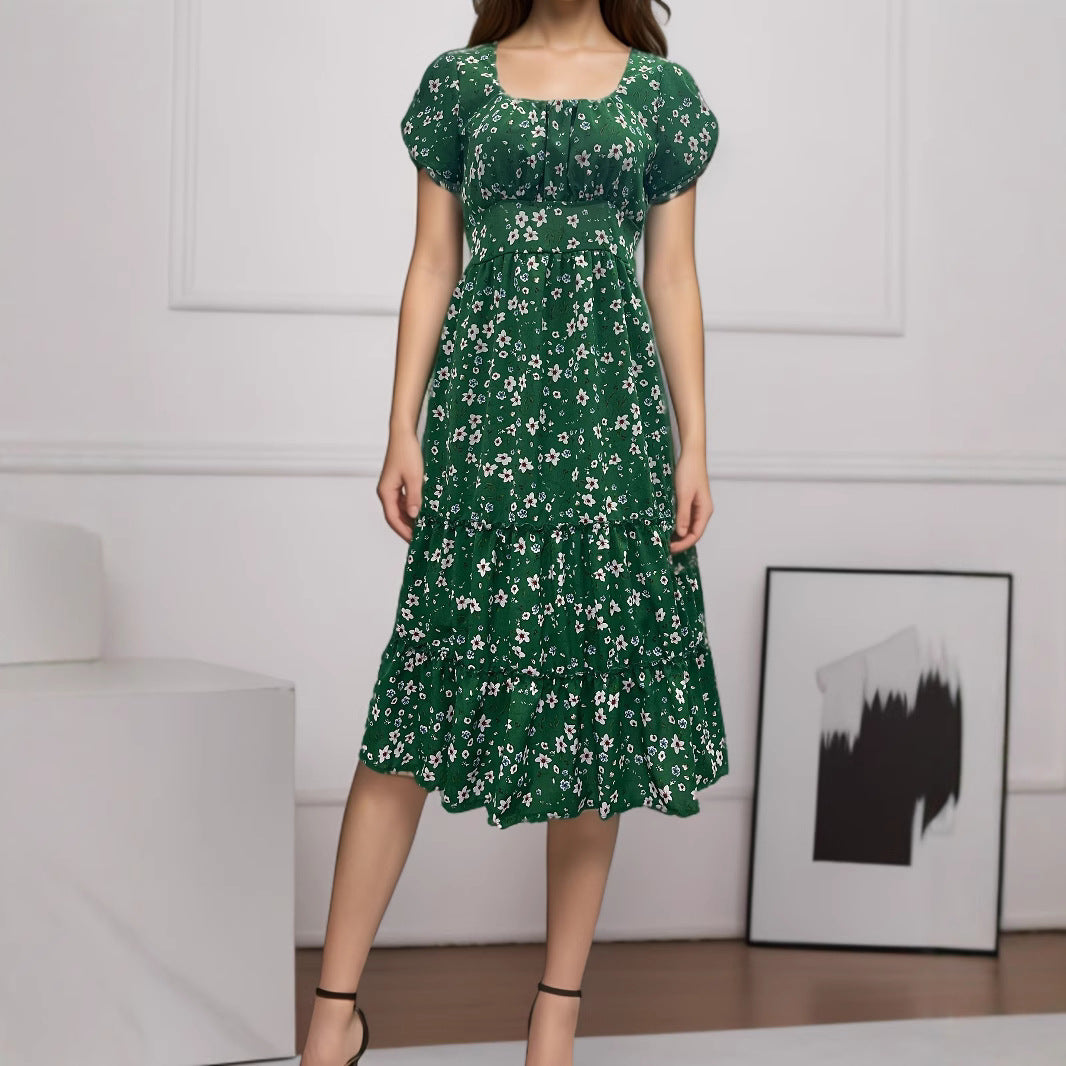 Ditsy Floral Print Square Neck Puff Sleeve Tiered Ruffle Hem Midi Dress