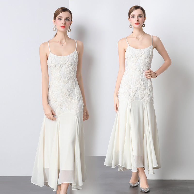 Spaghetti Strap 3D Lace Rosette Pleated Skirt Maxi Gown