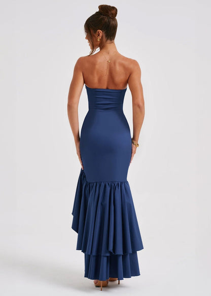 Strapless Straight Neck Cascading Tiered Ruffle High Low Maxi Gown