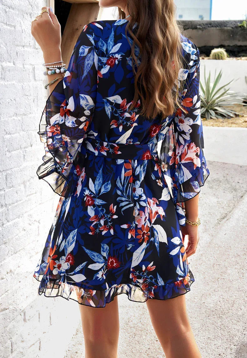 Ruffle Floral Wrap Mini Summer Dress Midnight Blue Bloom