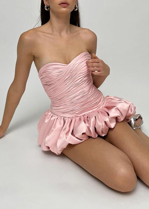 Strapless Sweetheart Ruched Bodice Bubble Hem Satin Mini Dress