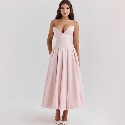 strapless v-neck corset a-line long dress