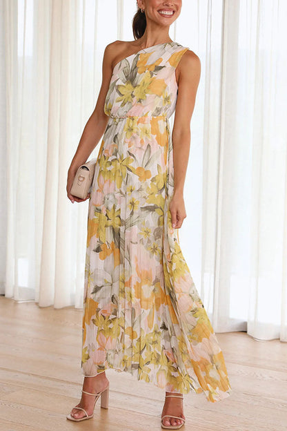Printing Oblique Shoulder Folding Elastic Waist Vacation Dress Dress