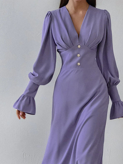 French-style lantern sleeve midi dress