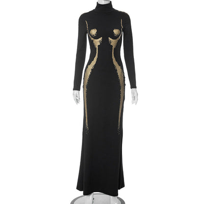 Printed Long Sleeve High Waist Dress