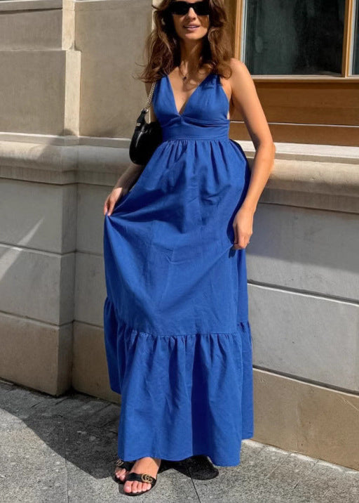 Deep V Neck Double Spaghetti Strap Empire Waist Tiered Maxi Dress