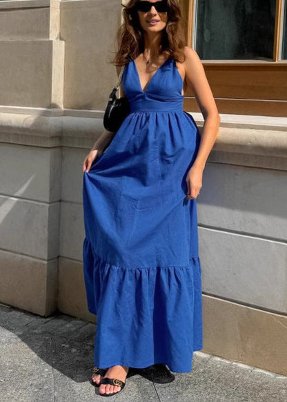 Deep V Neck Double Spaghetti Strap Empire Waist Tiered Maxi Dress