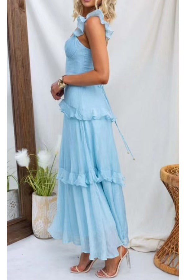 Solid Color Halter Backless Tie Elegant Ruffle Maxi Dress