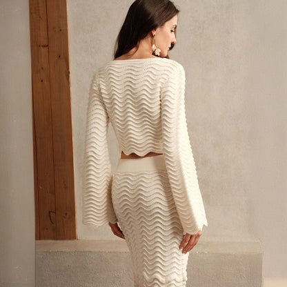 Cream wavy knit two piece skirt set
