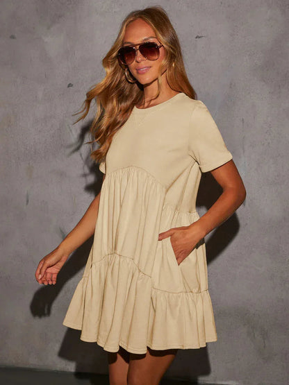 Beige Tiered Mini Short Ruffle Casual Dress