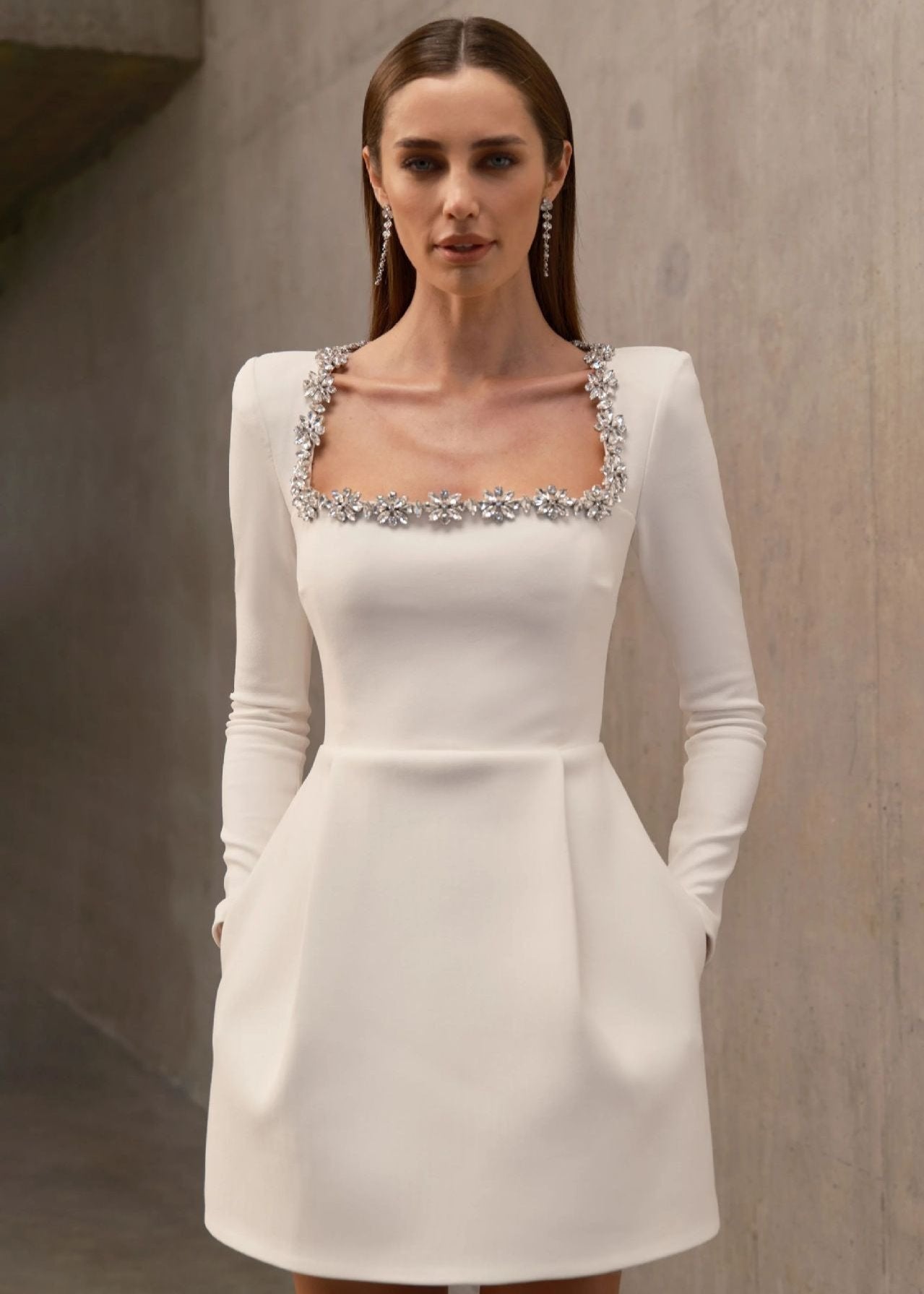 Crystal Embellished Square Neck Padded Shoulder Structured Mini Dress