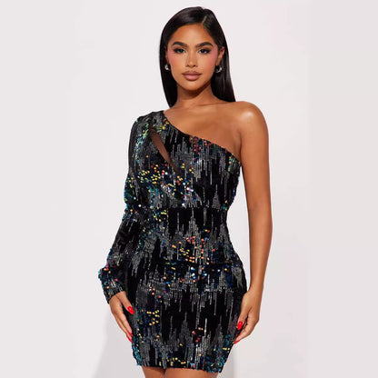 Hip Dress Shiny Shoulder Long Sleeve Diagonal Collar Party