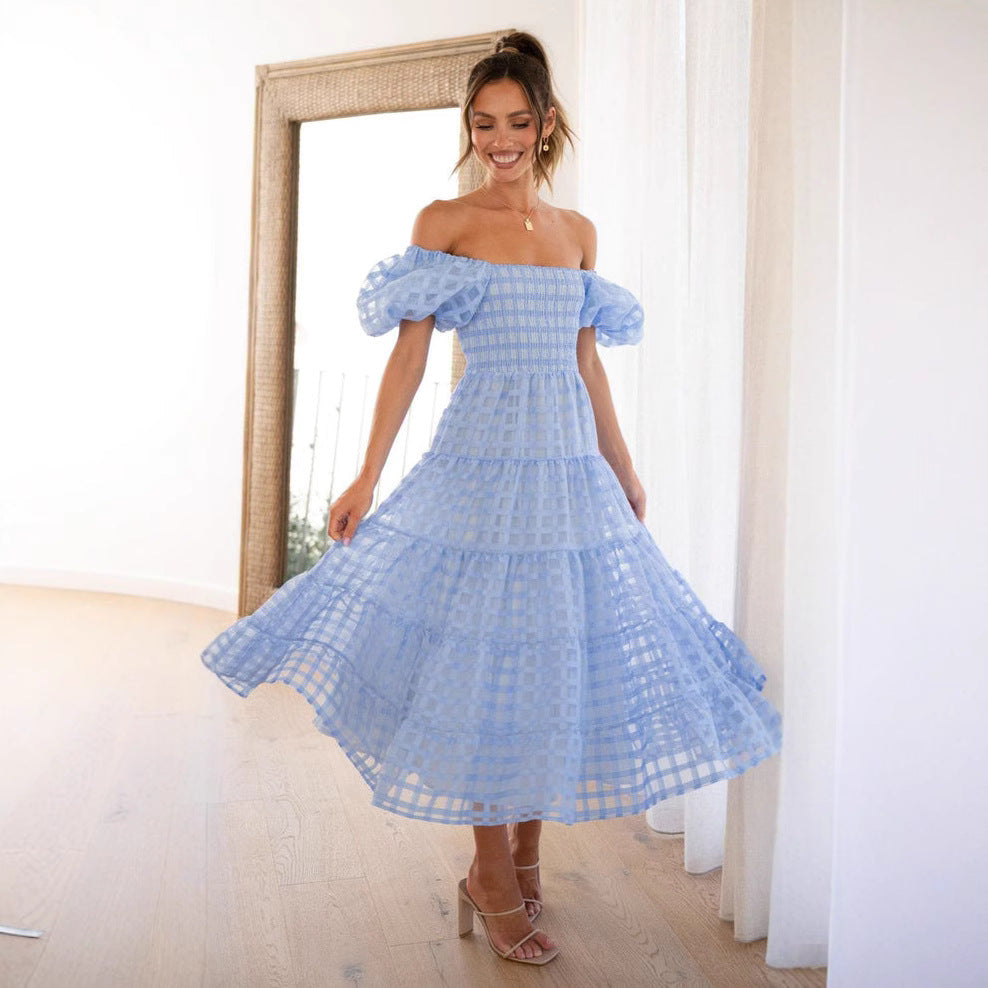 One Neck Lantern Sleeve Layer Stitching Dress
