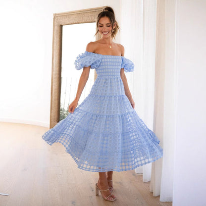 One Neck Lantern Sleeve Layer Stitching Dress