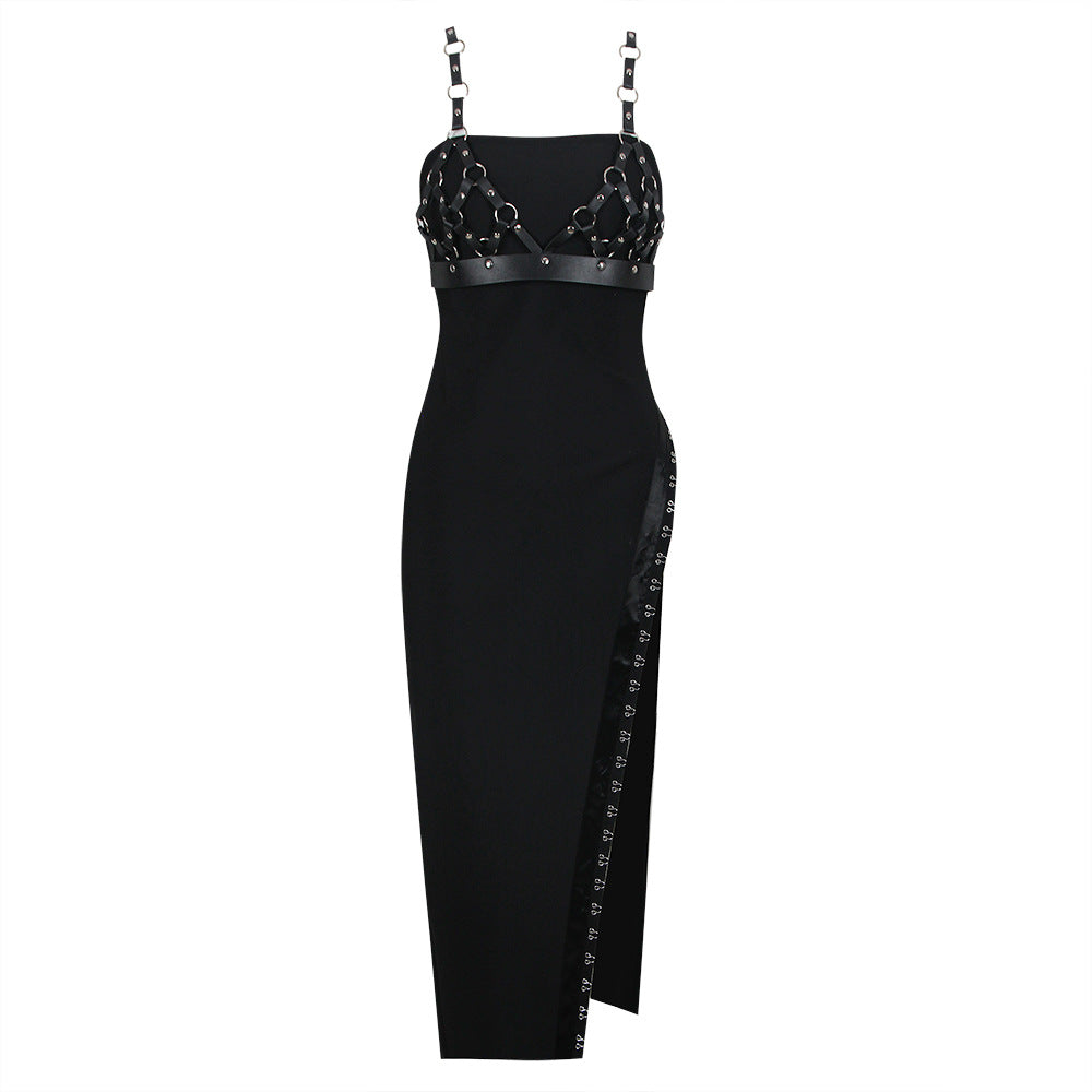 Niche Belt Strap Chain Split Bandage Dress