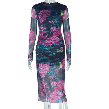Personality Wear Elegant Printed Office Lady Sheath Dress round Neck Long Sleeve Slim Length Dress