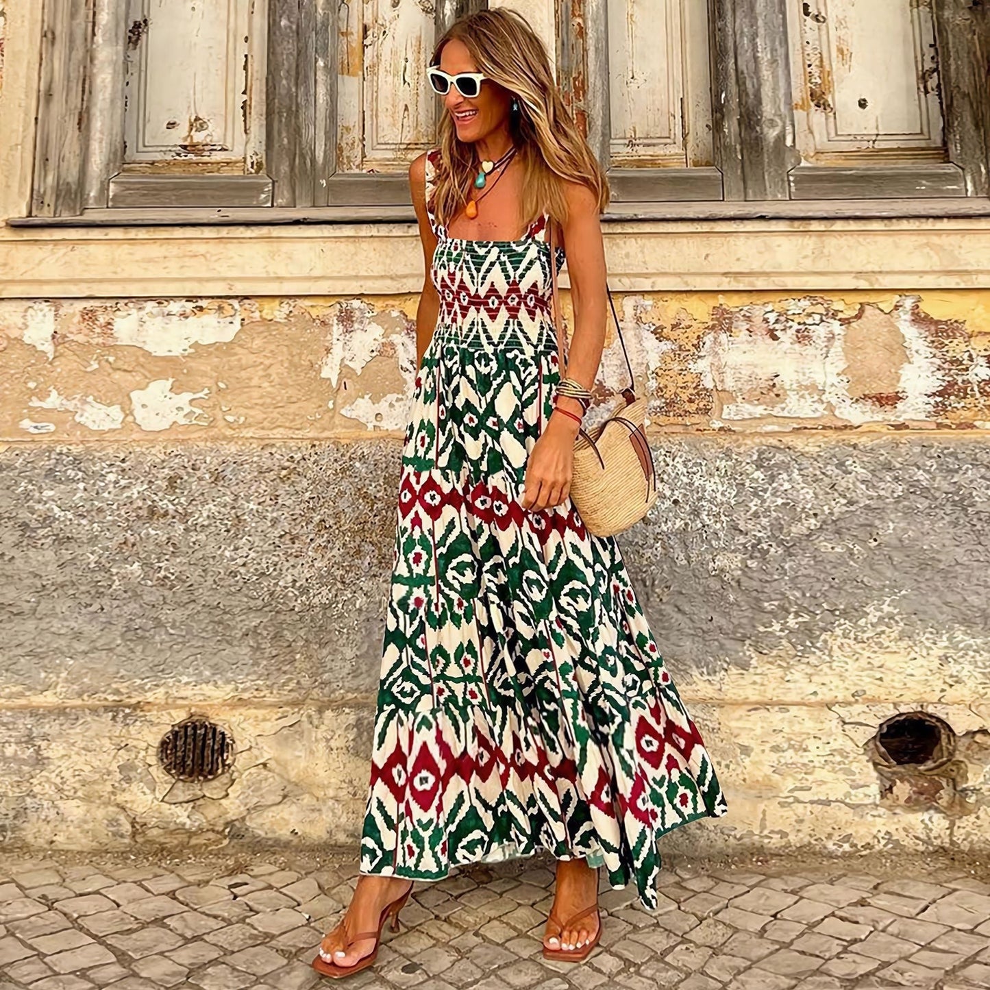 Elegant Printed Elastic Cami Dress Vacation French Floral Strap Maxi Dress