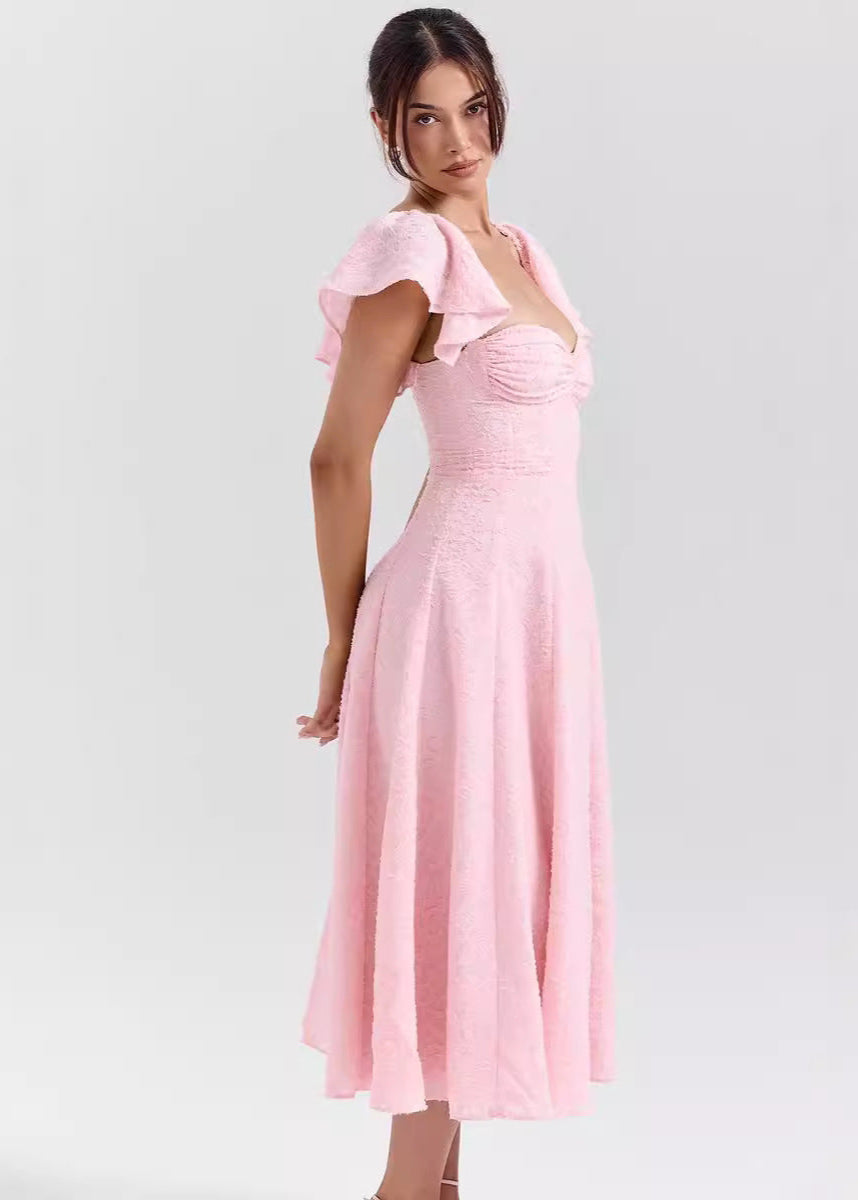 Floral Jacquard Sweetheart Ruched Bustier Flutter Sleeve Fit and Flare Midi Dress